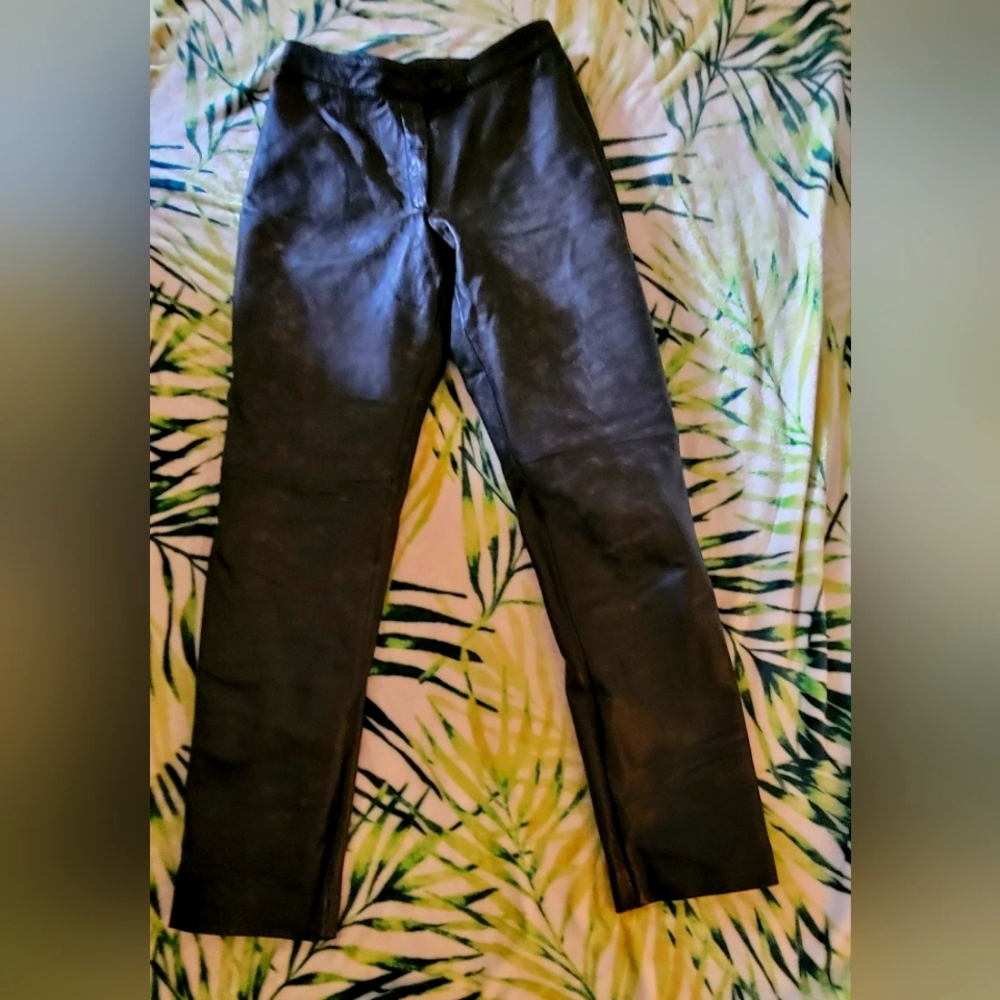 Real Black leather calfskin Trousers pants Size Small